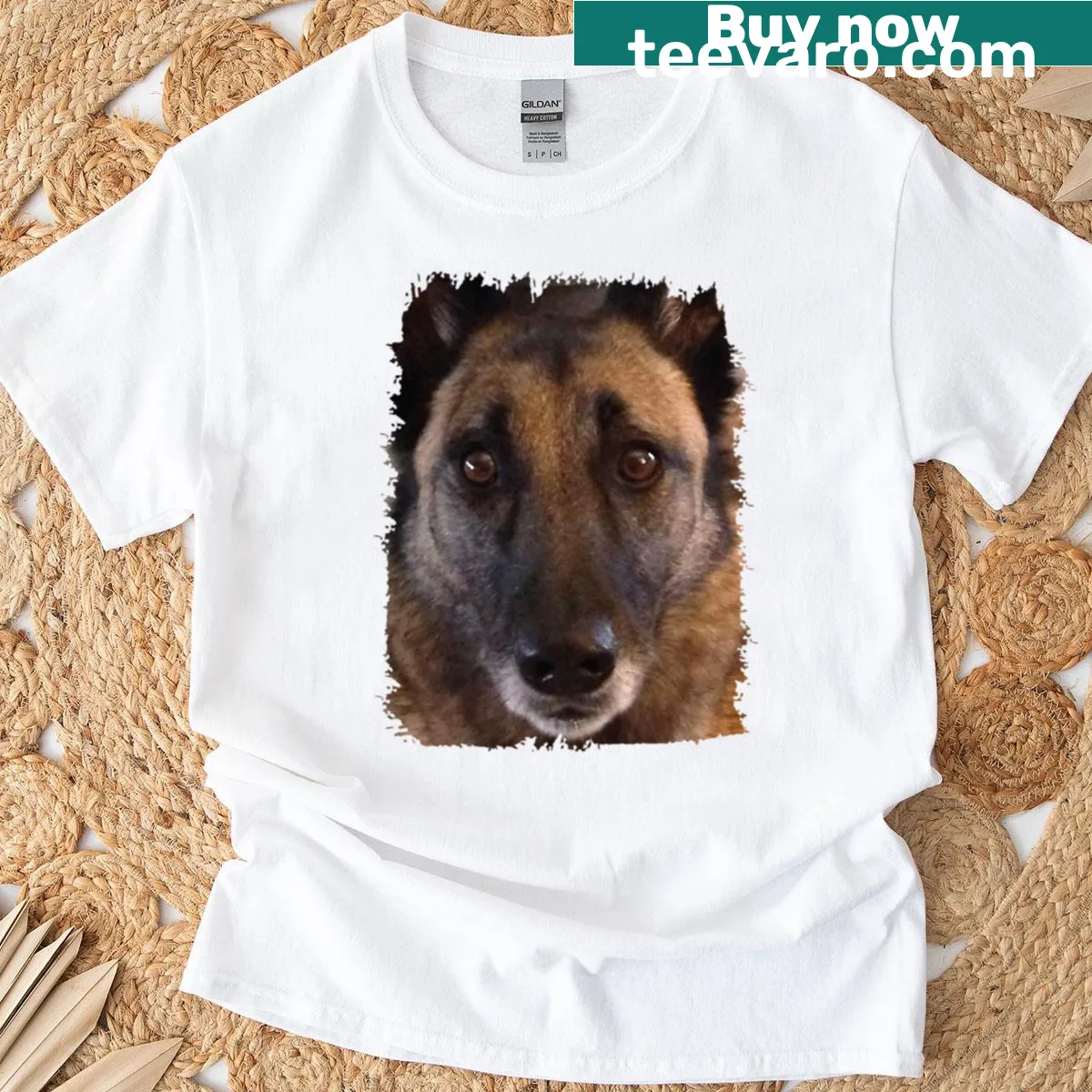 Illustrative T-shirt featuring an expressive Belgian Malinois — on a men's t-shirt