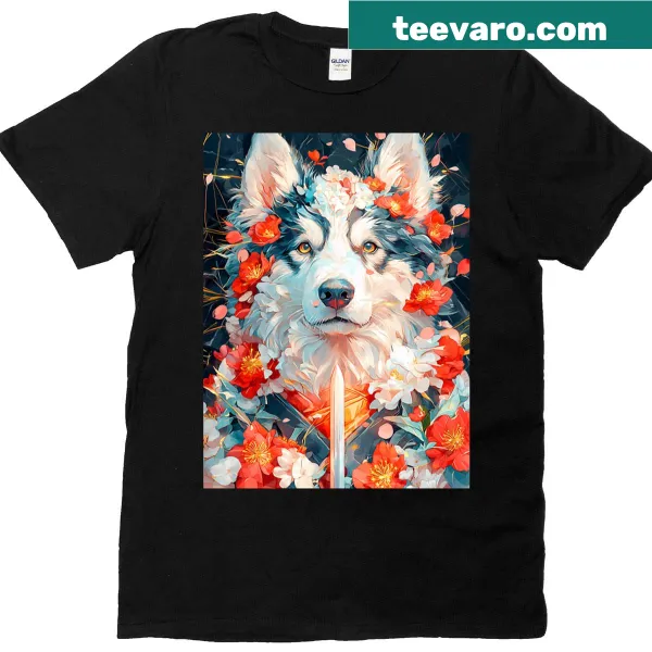 Fantasy t-shirt featuring an Australian Shepherd in floral armor
