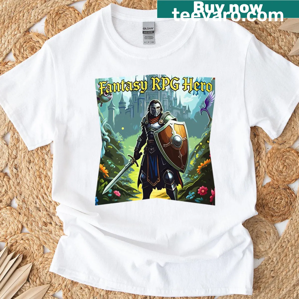 Fantasy RPG Hero T-shirt featuring an epic knight in an adventurous design. — on a men's t-shirt