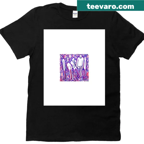 Series of five artistic sketches on a T-shirt.