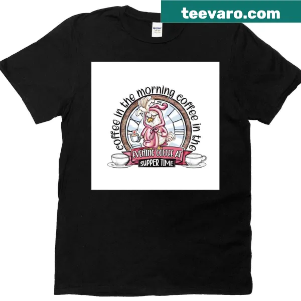 Cartoon chicken in pajamas holding coffee mug design