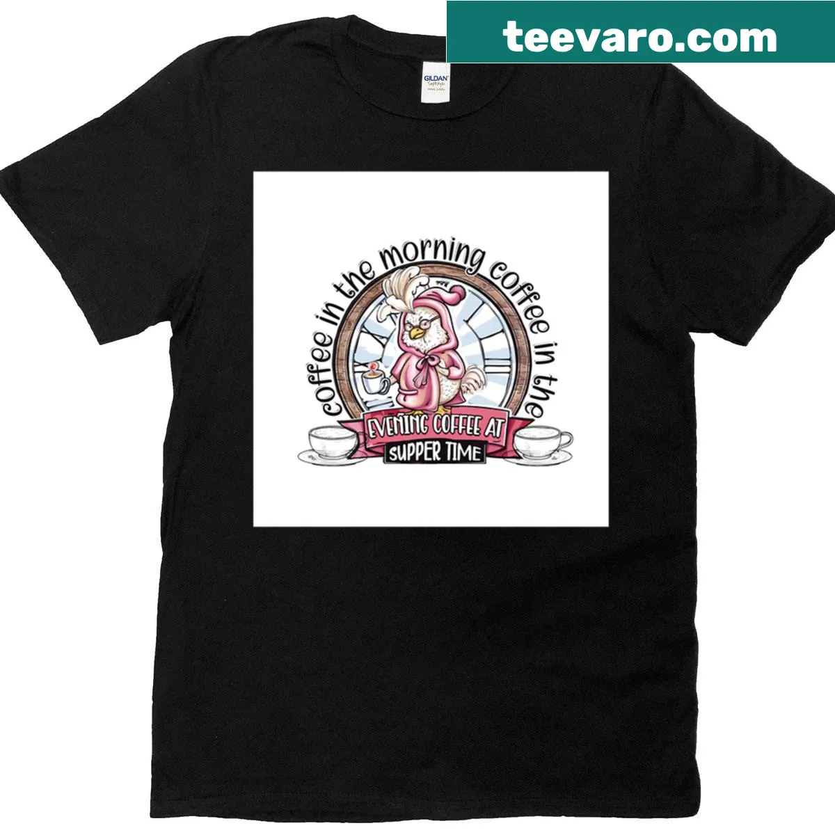 Cartoon chicken in pajamas holding coffee mug design — on a men's t-shirt