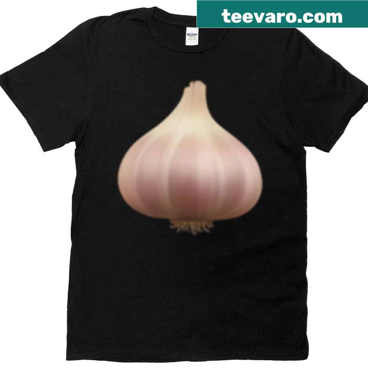 Cartoon garlic emoji t-shirt designed for food lovers. — on a men's t-shirt