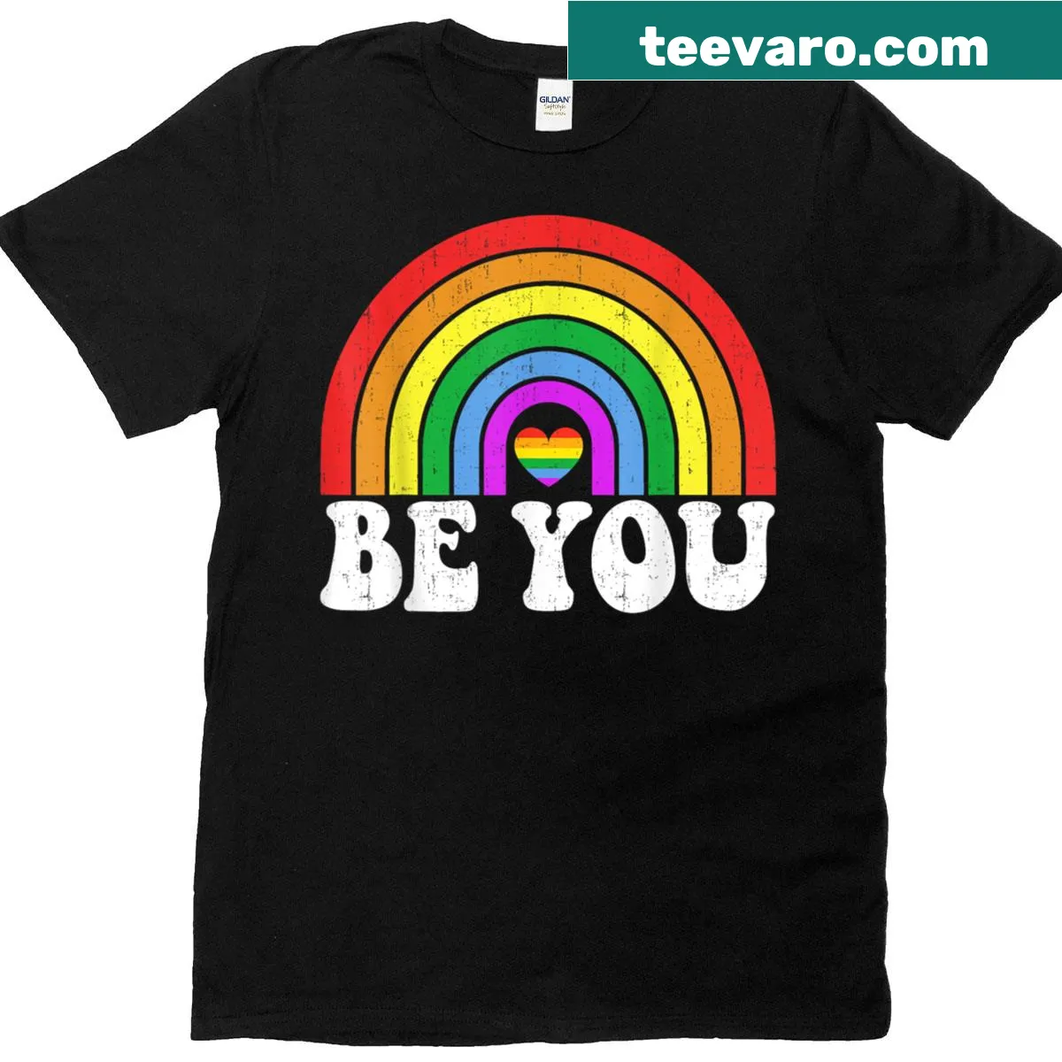 LGBTQ ally t-shirt with retro rainbow design promoting pride and support. — on a men's t-shirt
