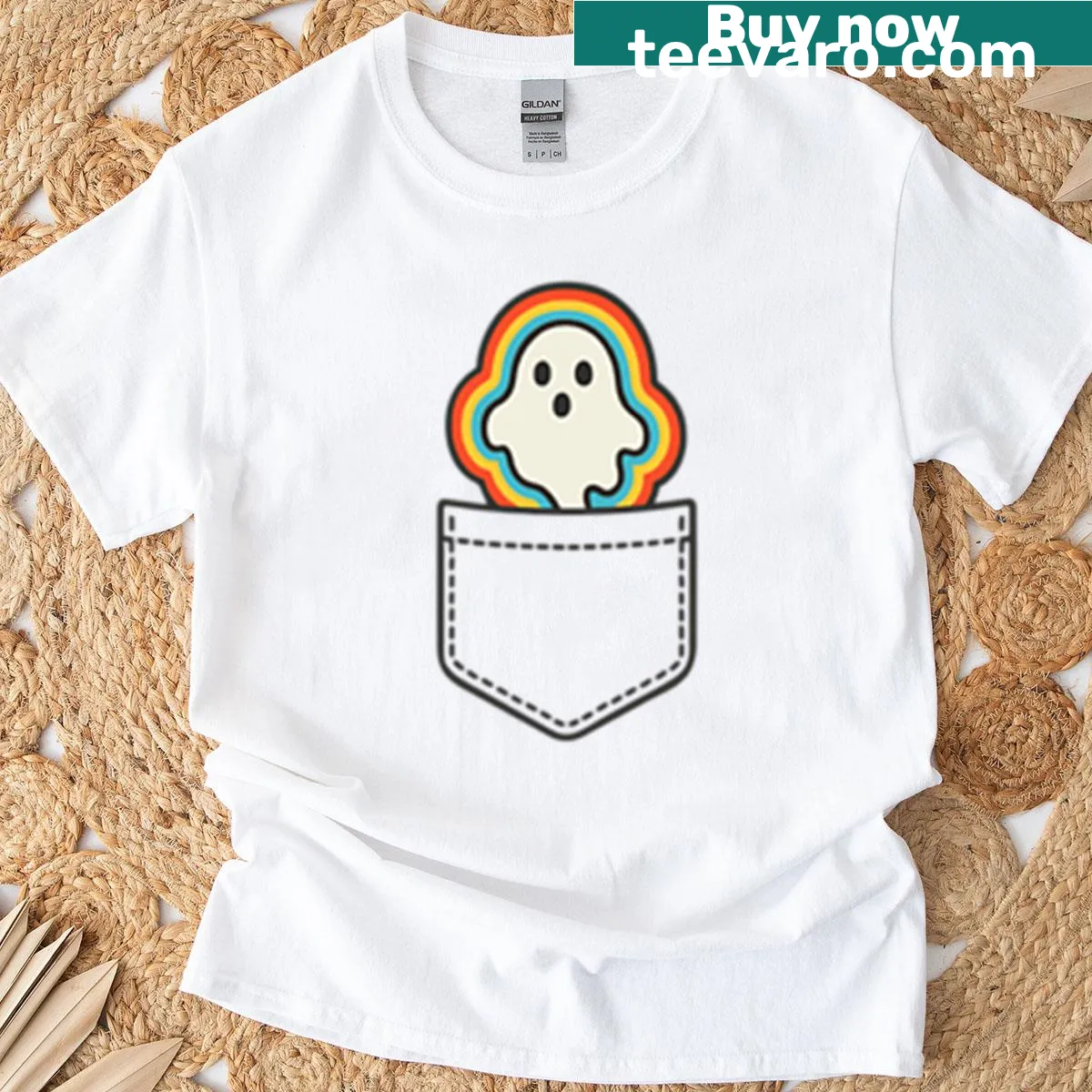 Cute retro ghost graphic with rainbow accents on a pocket T-shirt — on a men's t-shirt