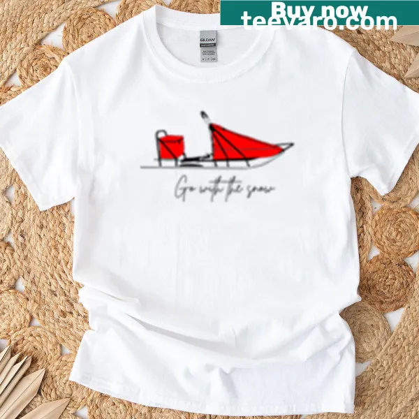 Red t-shirt featuring snow-capped mountains and 'Go With The Snow' text