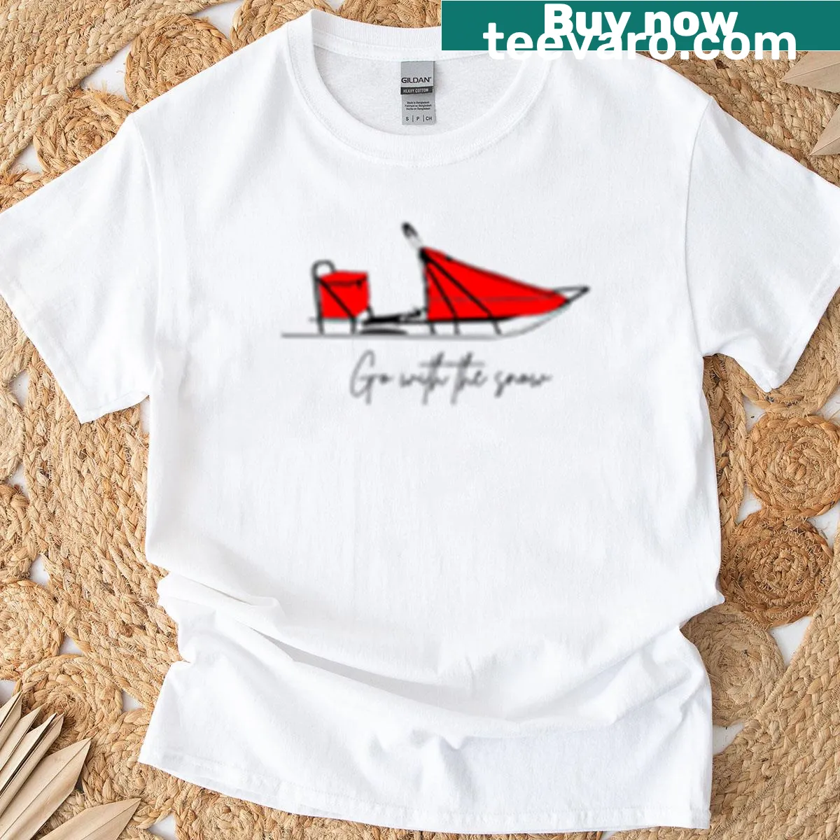 Red t-shirt featuring snow-capped mountains and 'Go With The Snow' text — on a men's t-shirt