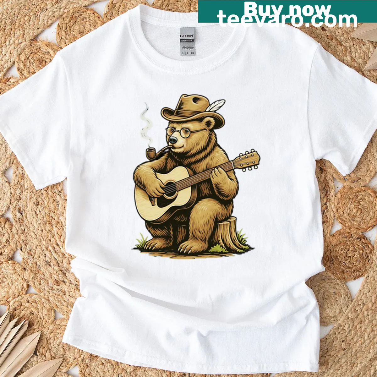 T-shirt with a whimsical bear character playing guitar and wearing spectacles — on a men's t-shirt