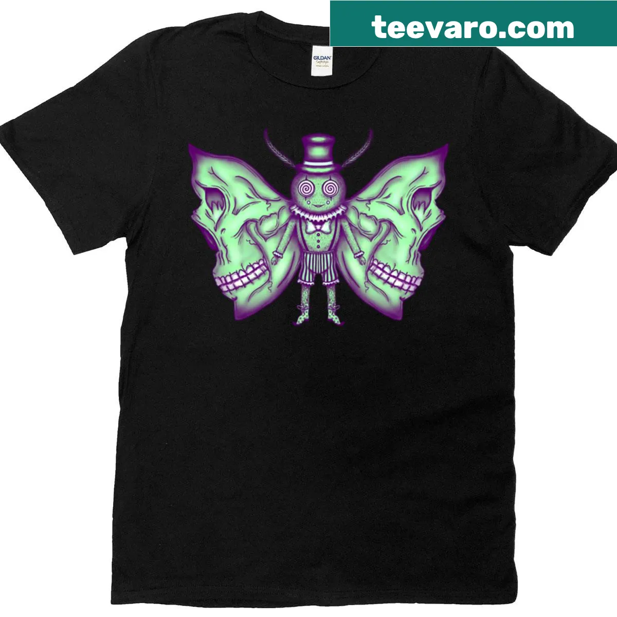 Premium T-shirt showcasing a green purple circus skull moth graphic — on a men's t-shirt