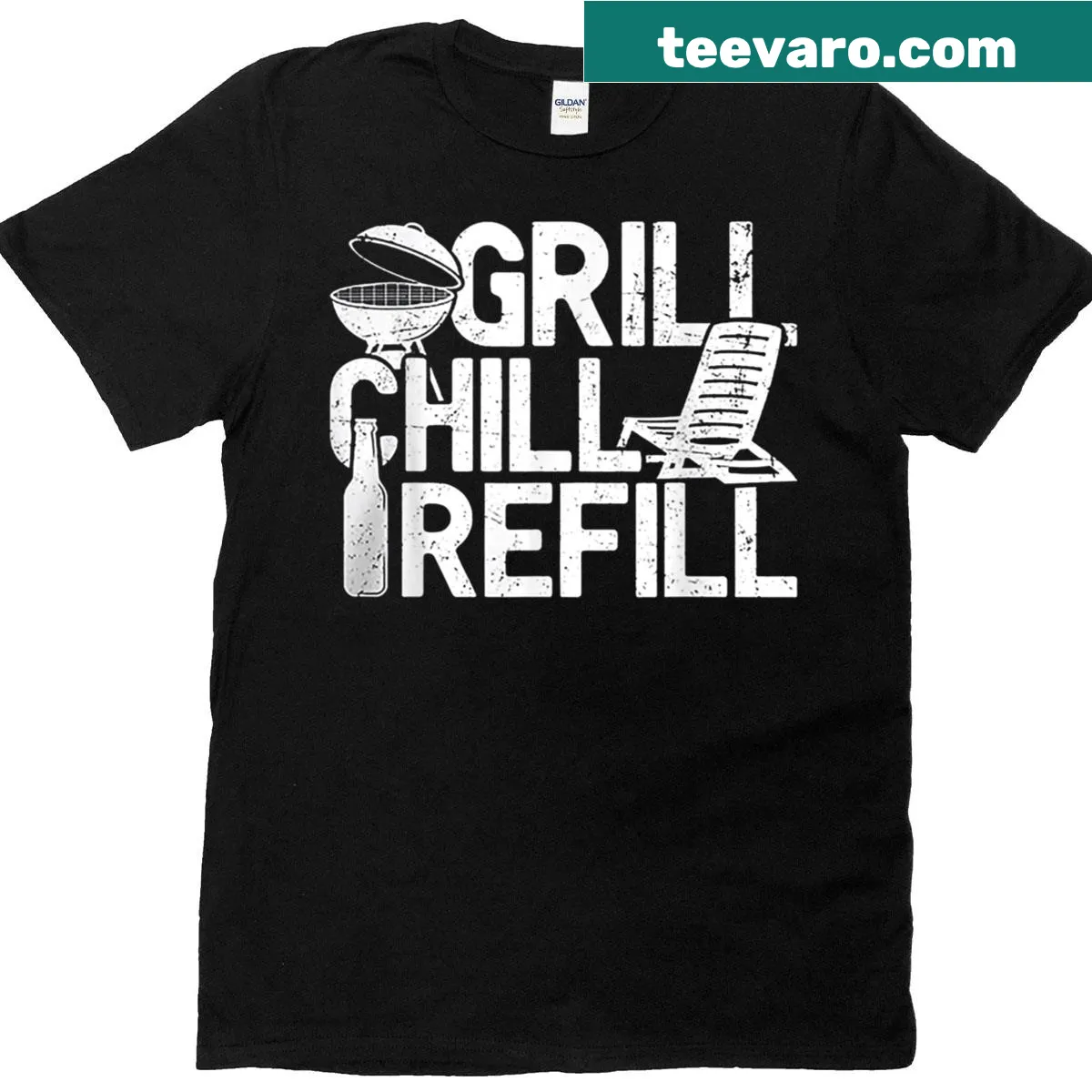 Humorous Grill Chill Refillg T-shirt with bold typography — on a men's t-shirt