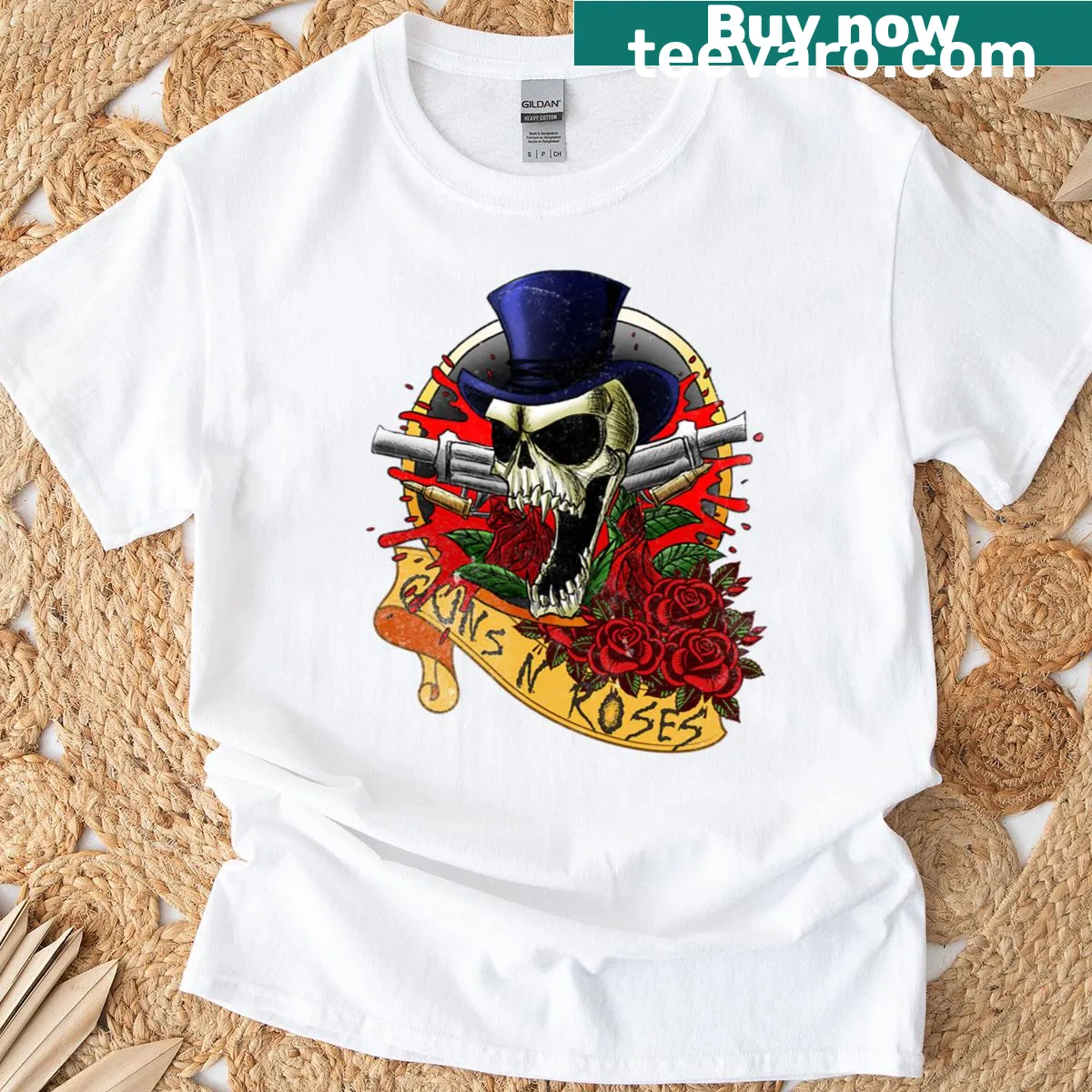 Graphic t-shirt featuring guns and red roses design. — on a men's t-shirt