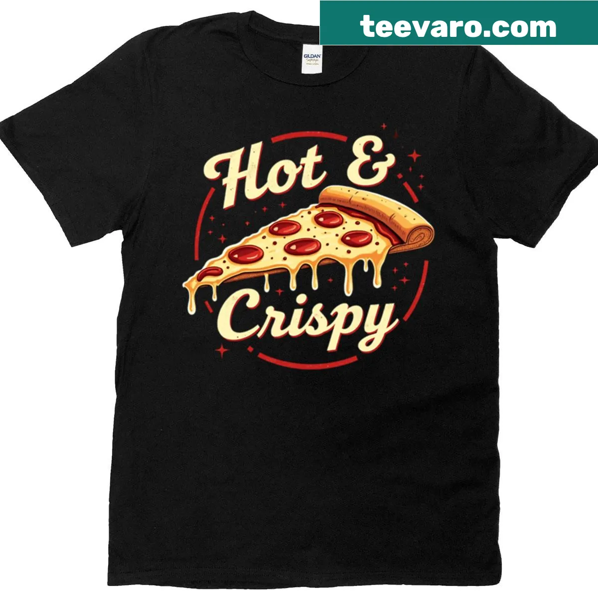 Funny pizza-themed t-shirt with a melted graphic — on a men's t-shirt