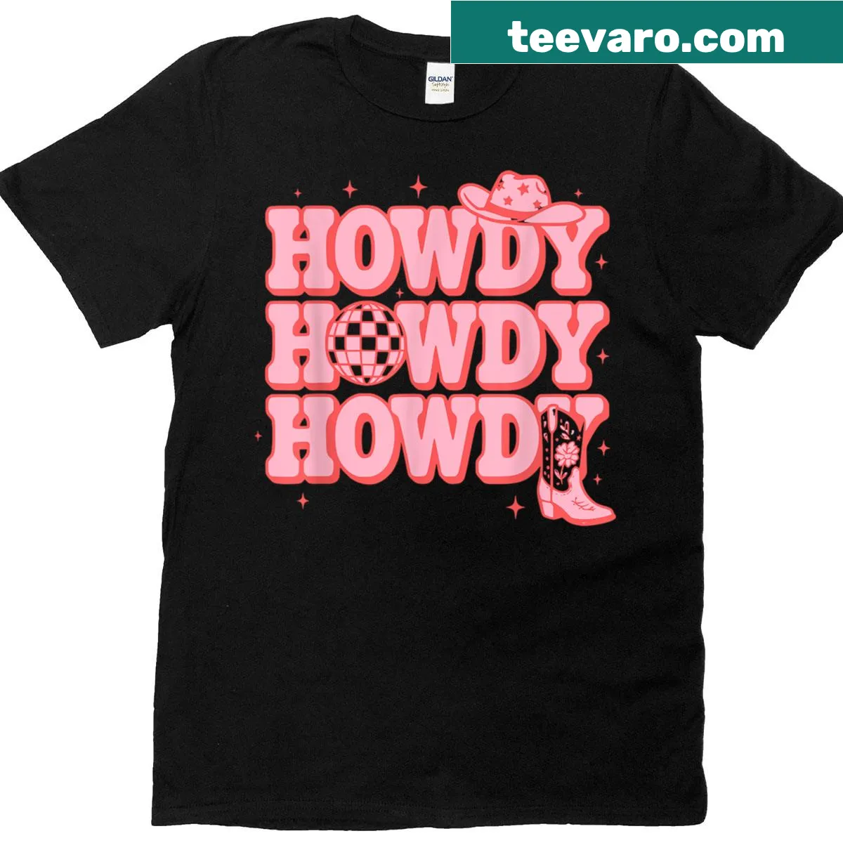 Playful cowgirl graphic T-shirt with disco elements — on a men's t-shirt