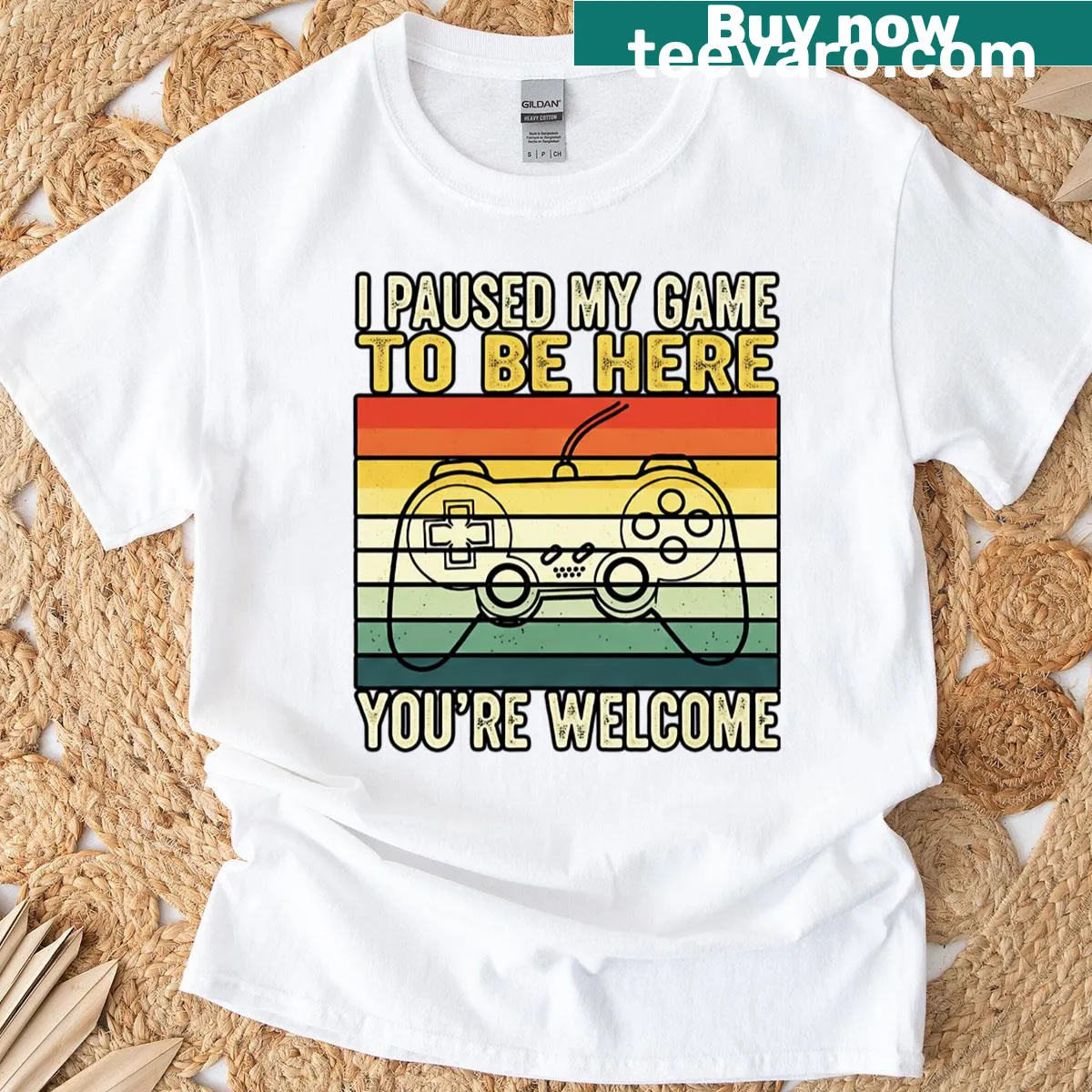 Funny retro gamer t-shirt with vintage controller graphic and playful text. — on a men's t-shirt