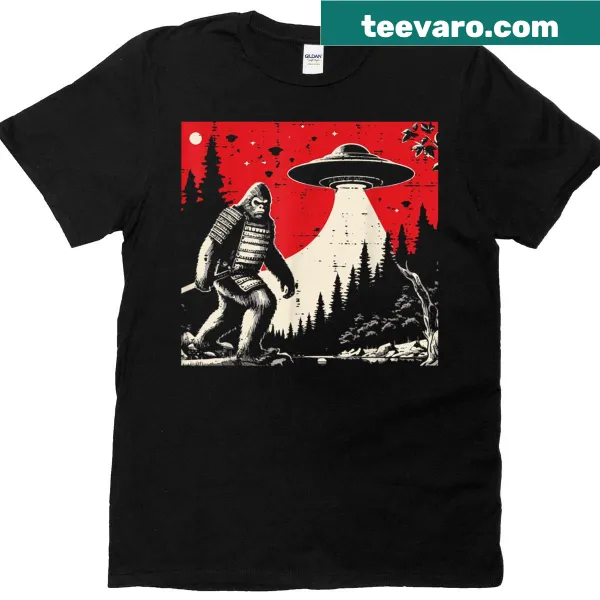 Cartoon graphic of Bigfoot samurai with UFO and alien elements