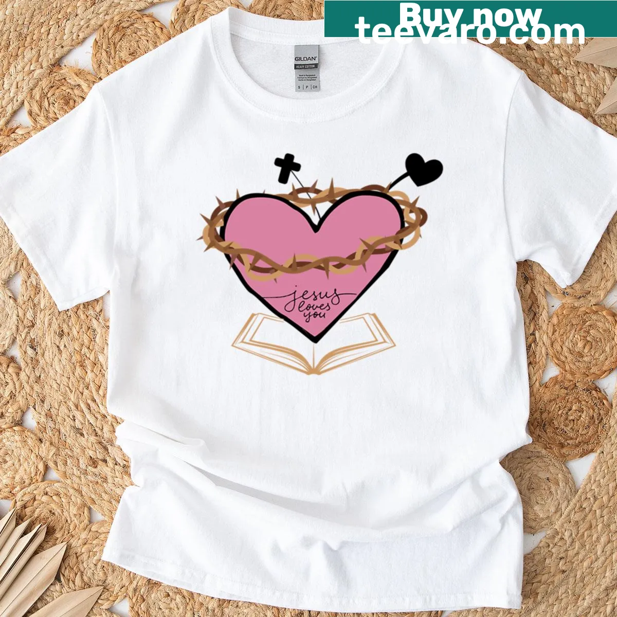 T-shirt featuring the message 'Jesus Loves You' in a simple design. — on a men's t-shirt