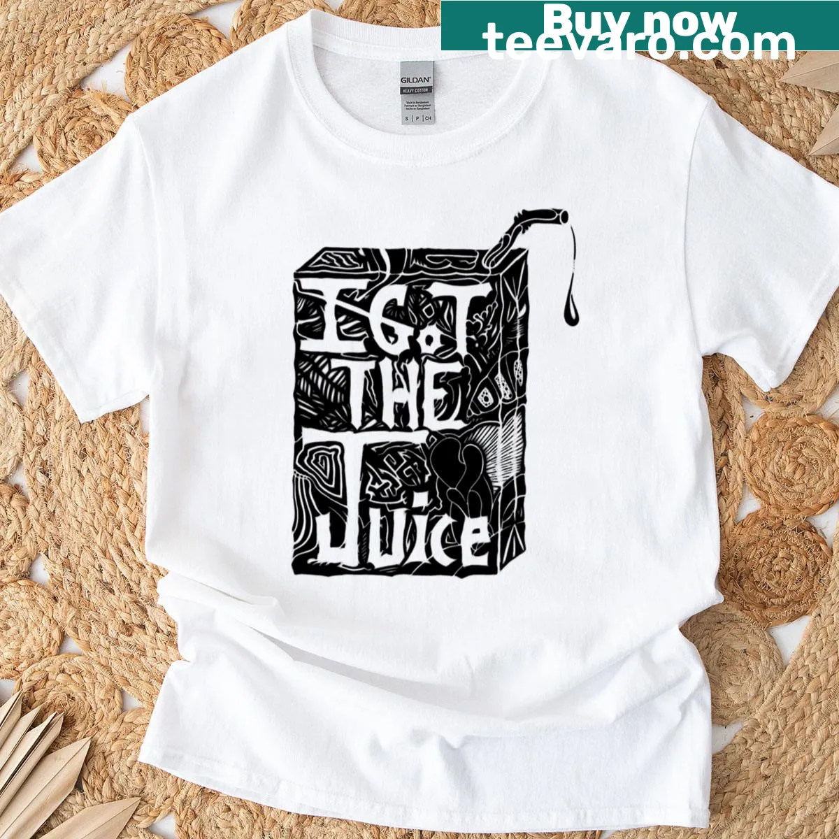 T-shirt featuring the word 'Juice' in a playful design — on a men's t-shirt