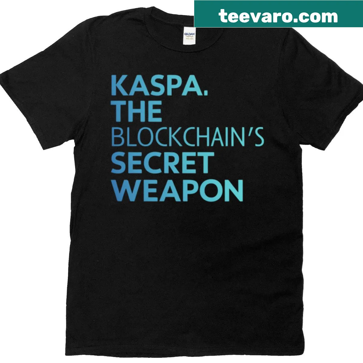 Minimalist typography T-shirt featuring 'Kaspa The Unbought Blockchain' — on a men's t-shirt