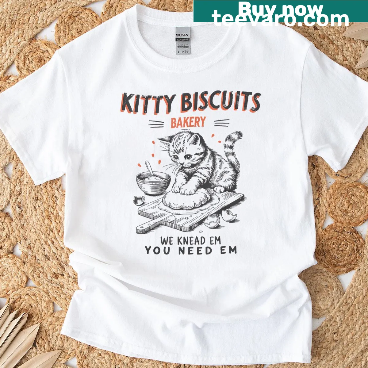 Cute T-shirt with the phrase about kitty biscuits bakery — on a men's t-shirt