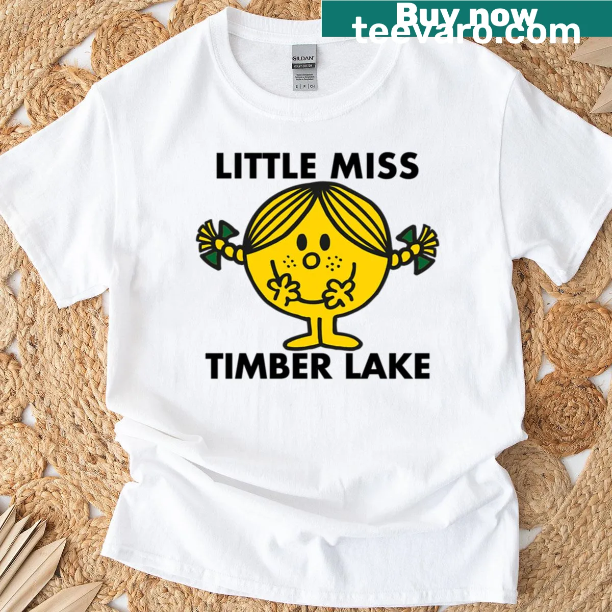 T-shirt featuring the character 'Little Miss Timber Lake' in a whimsical design — on a men's t-shirt