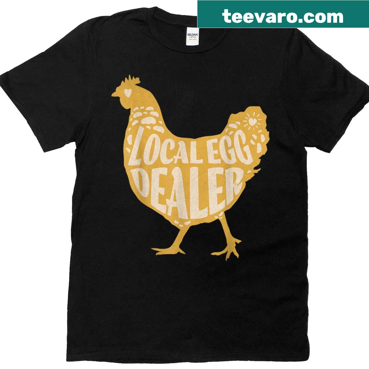 Funny T-shirt with 'Local Egg Dealer' and cartoon chicken graphic — on a men's t-shirt