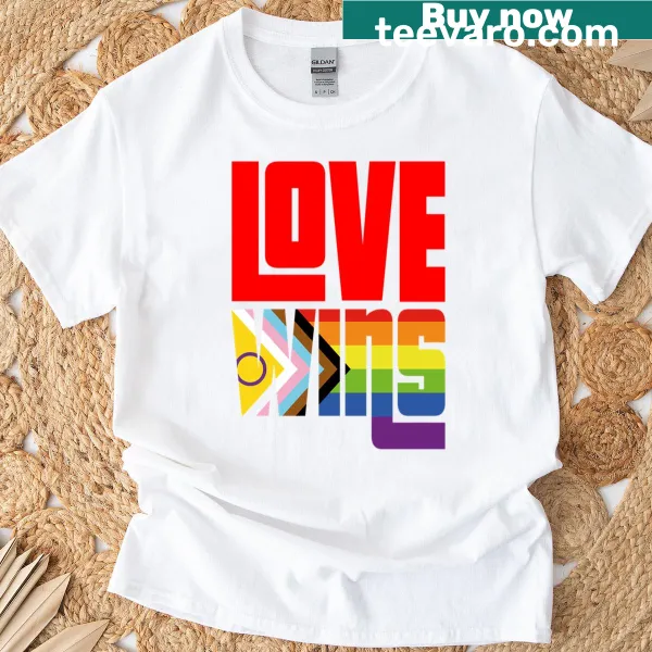 Pride-themed t-shirt with the phrase 'Love Wins' prominently displayed