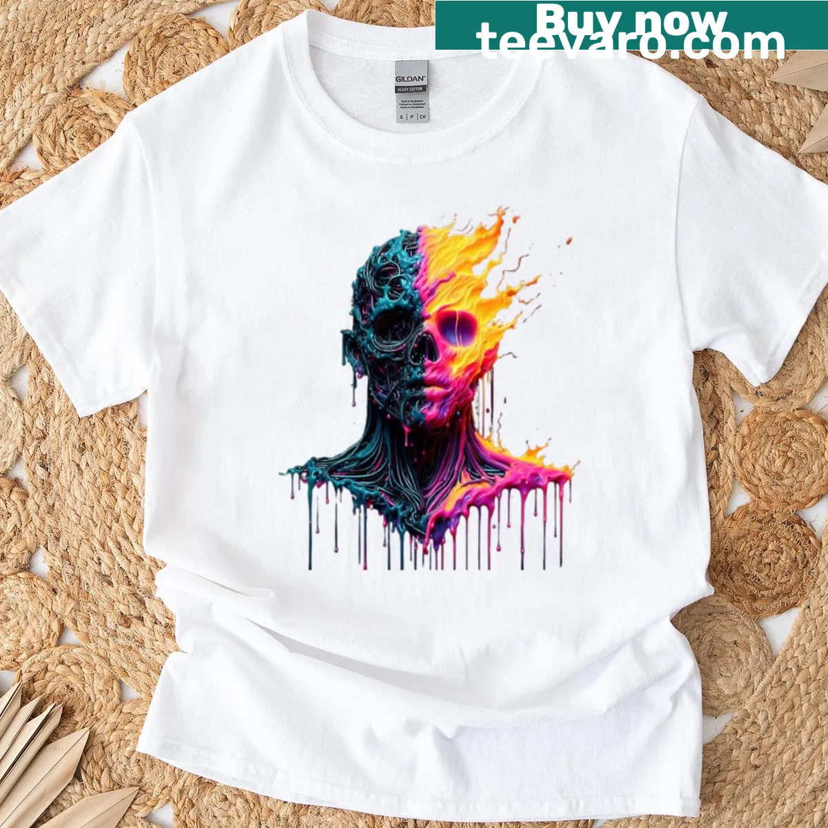 Psychedelic t-shirt featuring a melting rainbow skull design — on a men's t-shirt