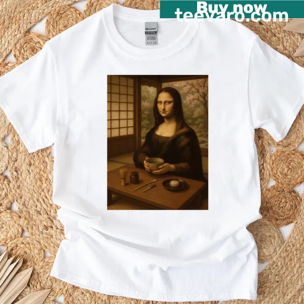 Illustration of Mona Lisa enjoying a matcha ceremony in Japan
