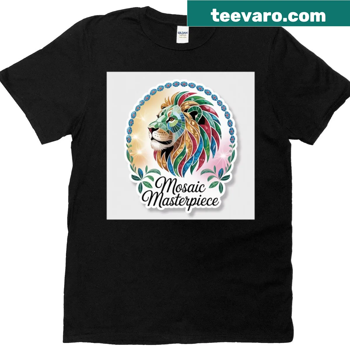 Mosaic lion face with a colorful rainbow mane on oversized T-shirt — on a men's t-shirt