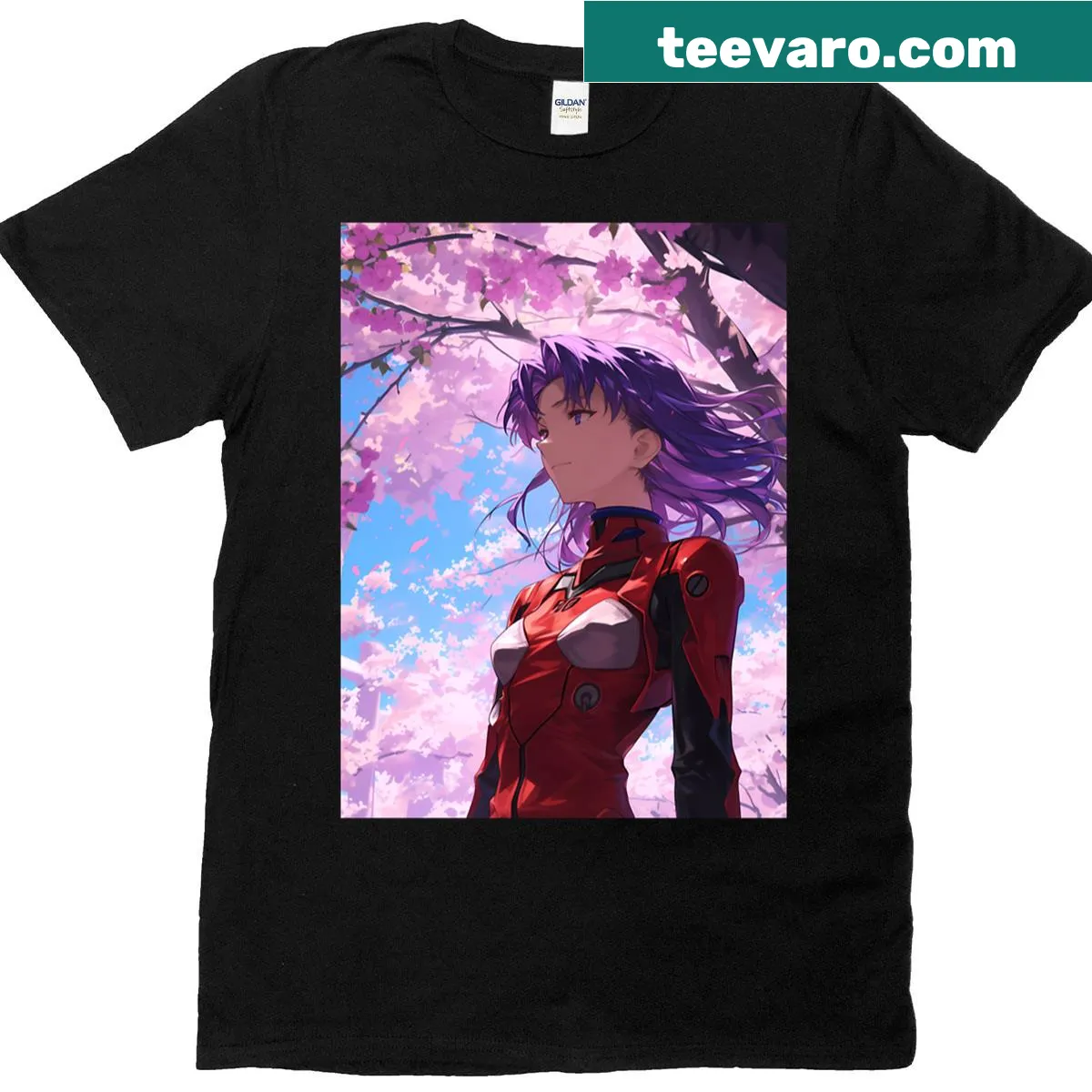 Misato Katsuragi t-shirt with red suit and sakura petals design. — on a men's t-shirt