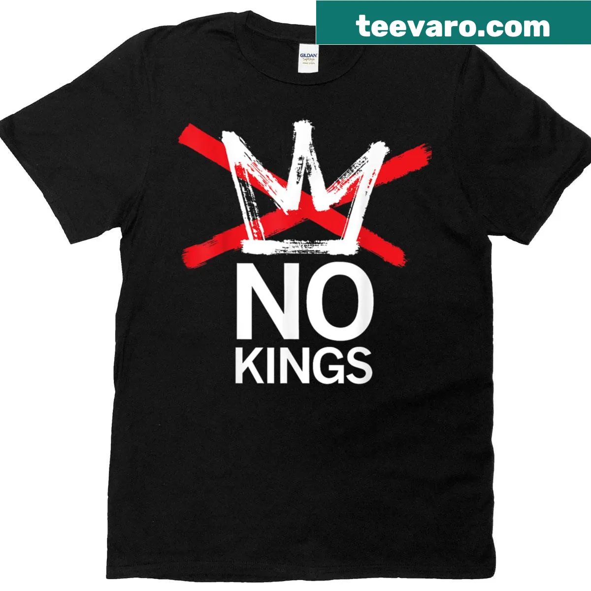 Bold t-shirt stating 'No Kings In America' promoting democracy. — on a men's t-shirt