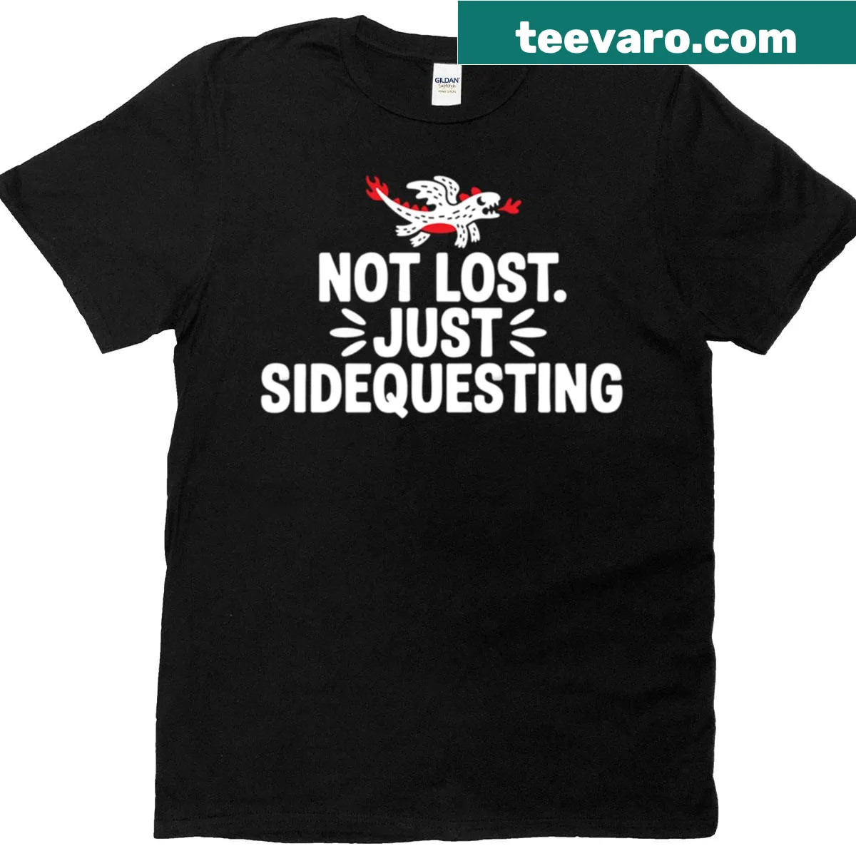 Cute cartoon dragon t-shirt with 'Not Lost Just Sidequesting' text — on a men's t-shirt