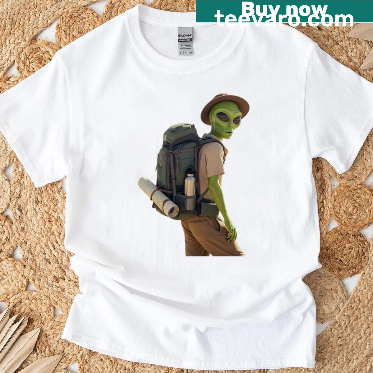 Alien backpacker illustration on a T-shirt — on a men's t-shirt