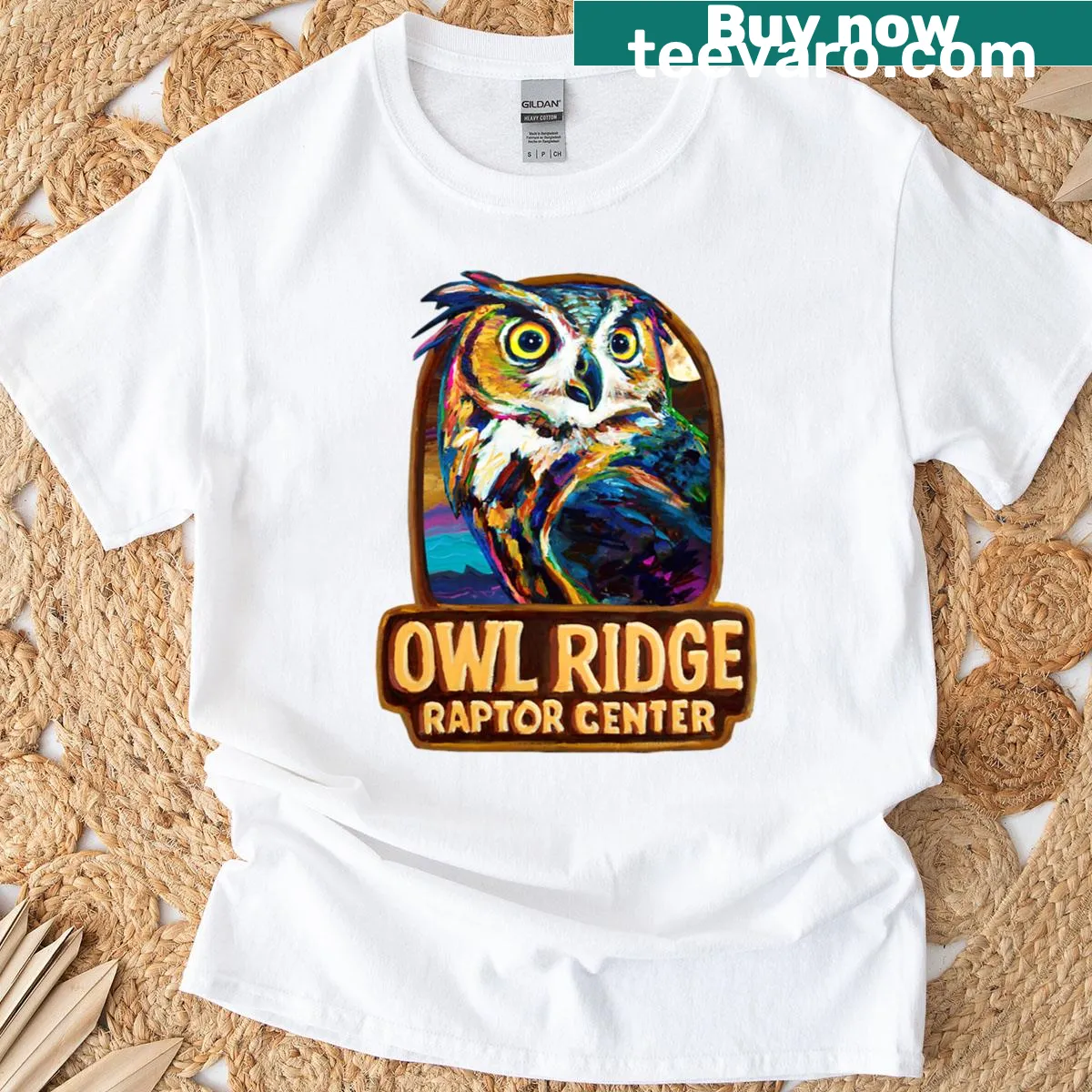 Illustration of a great horned owl on a T-shirt from Owl Ridge Raptor Center — on a men's t-shirt