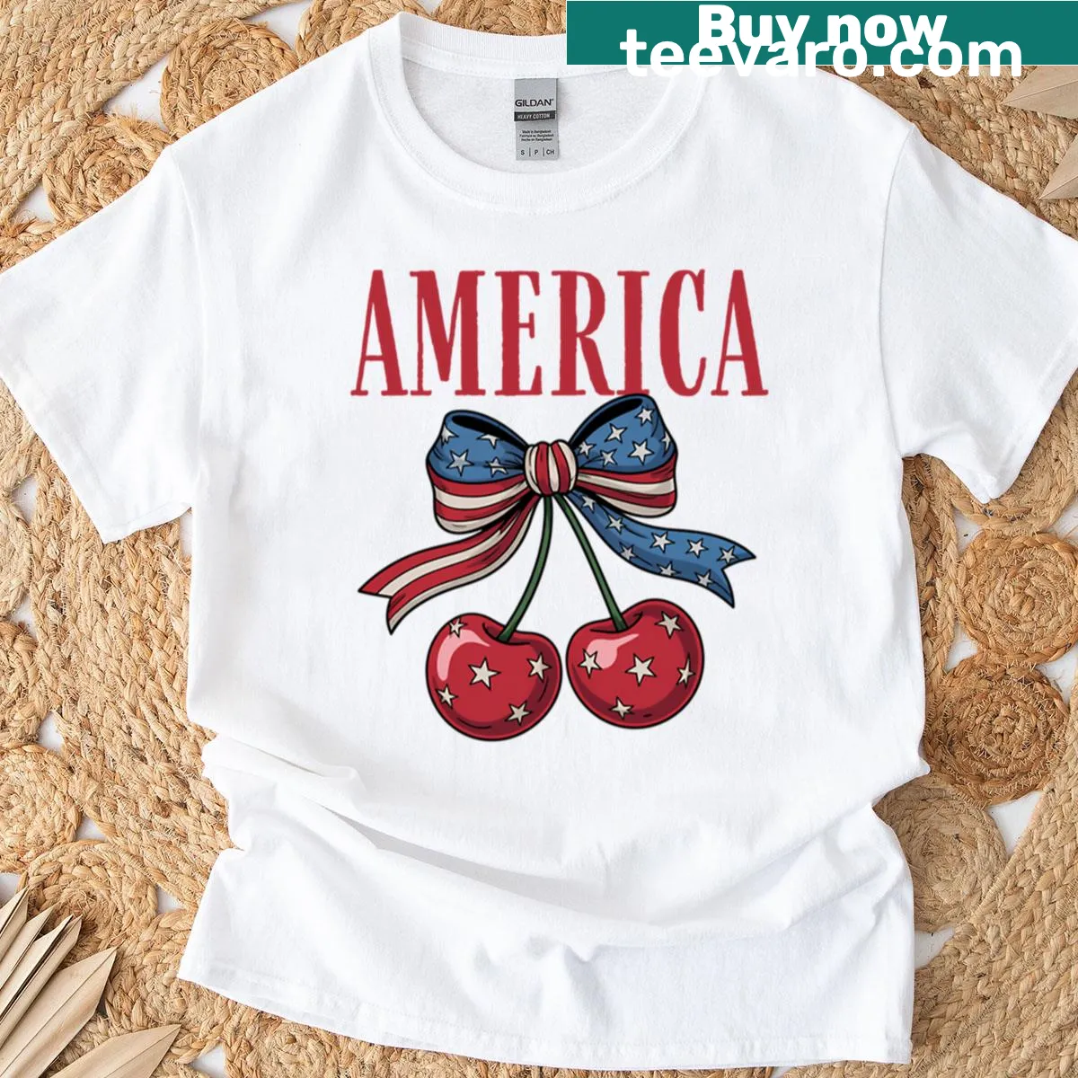 Festive T-shirt with cherry graphics and USA flag design for July 4th — on a men's t-shirt