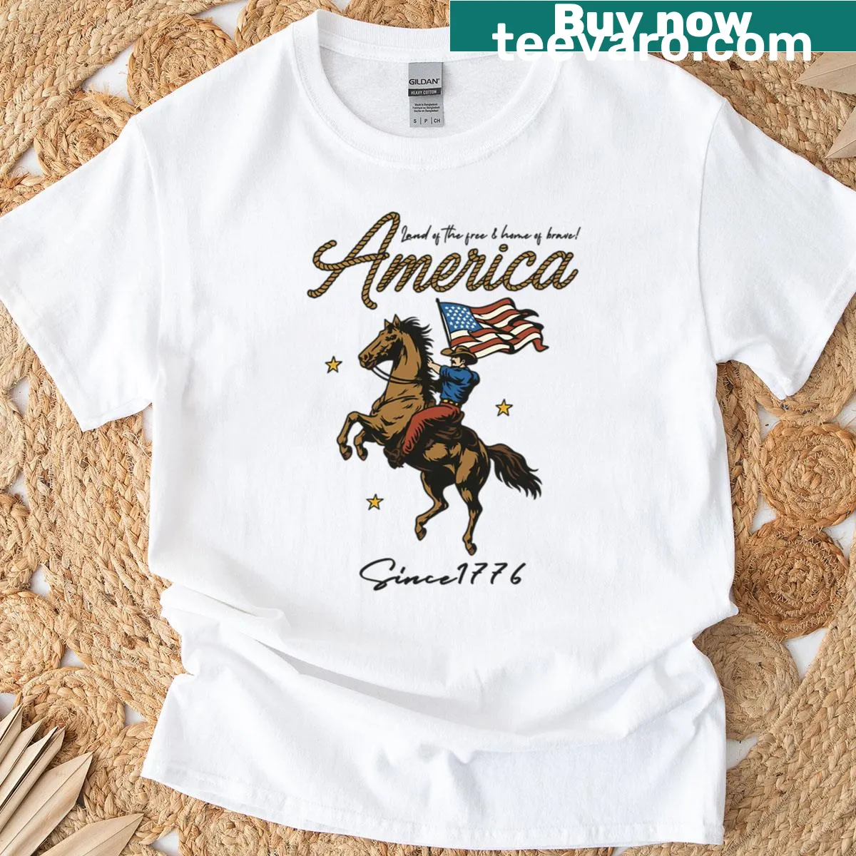 Cowboy on horseback holding American flag illustration — on a men's t-shirt