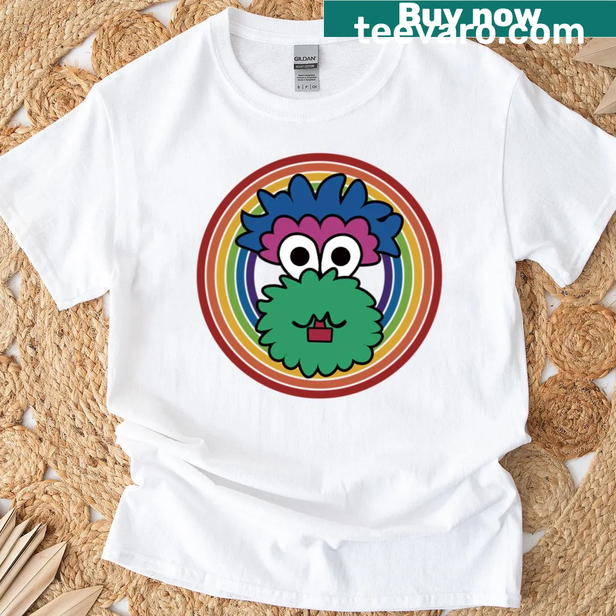 Whimsical T-shirt featuring a playful rainbow silhouette design — on a men's t-shirt