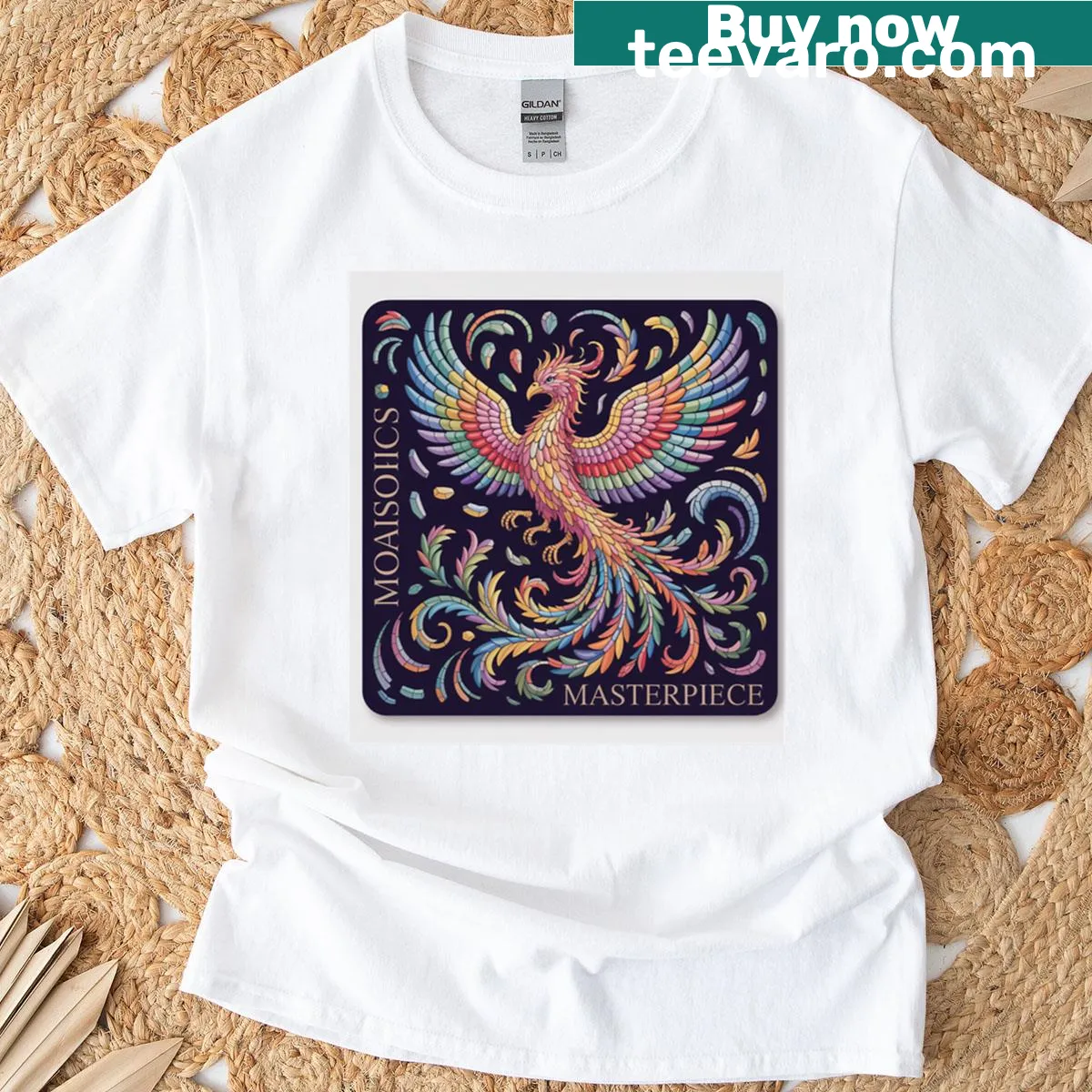 Mosaic illustration of a phoenix on a t-shirt, symbolizing strength — on a men's t-shirt
