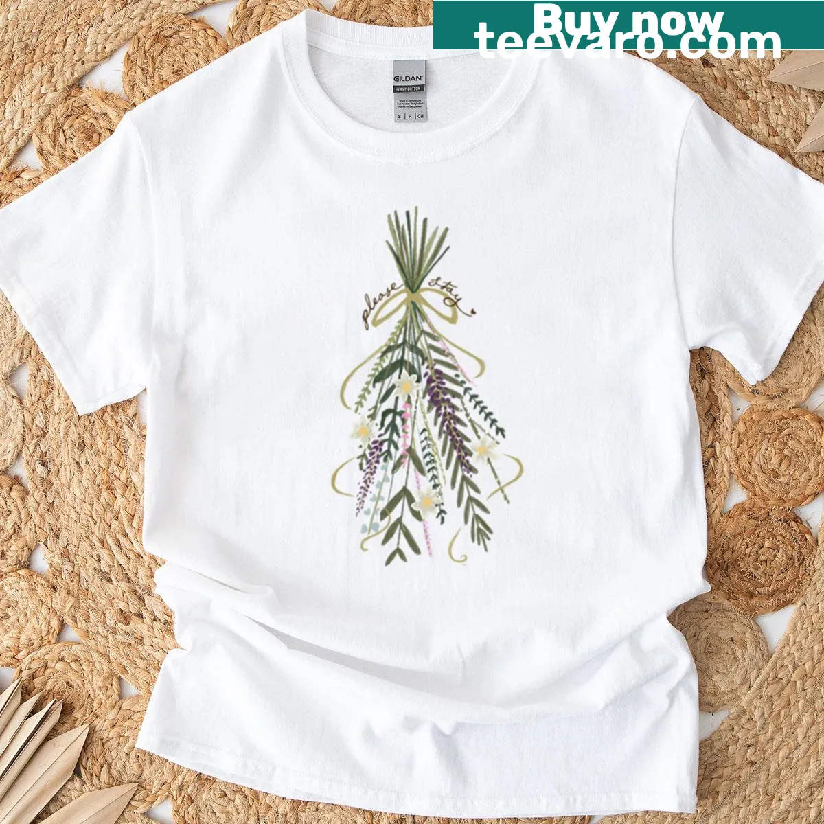 Floral design T-shirt with the text 'Please Stay' — on a men's t-shirt