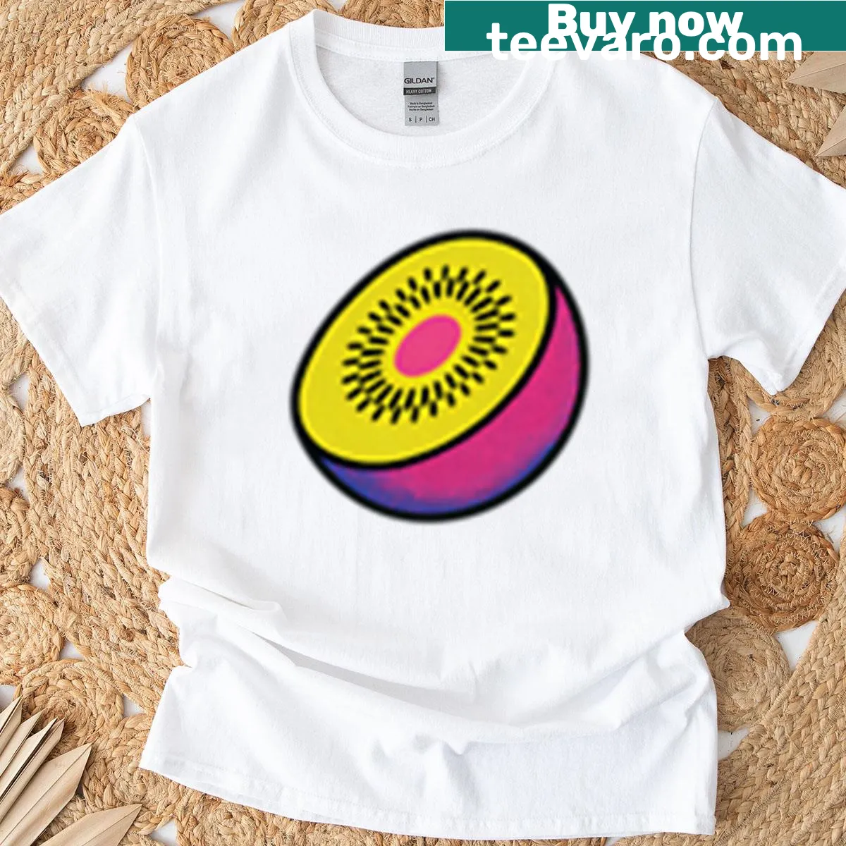 Cute pop art illustration of a kiwi fruit on a T-shirt — on a men's t-shirt