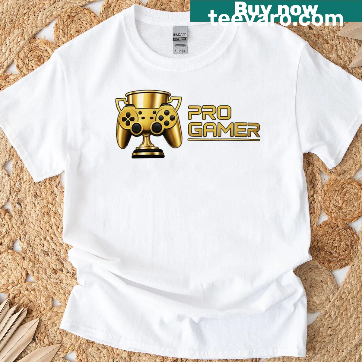 Trophy design featuring a golden controller on a T-shirt for gamers. — on a men's t-shirt