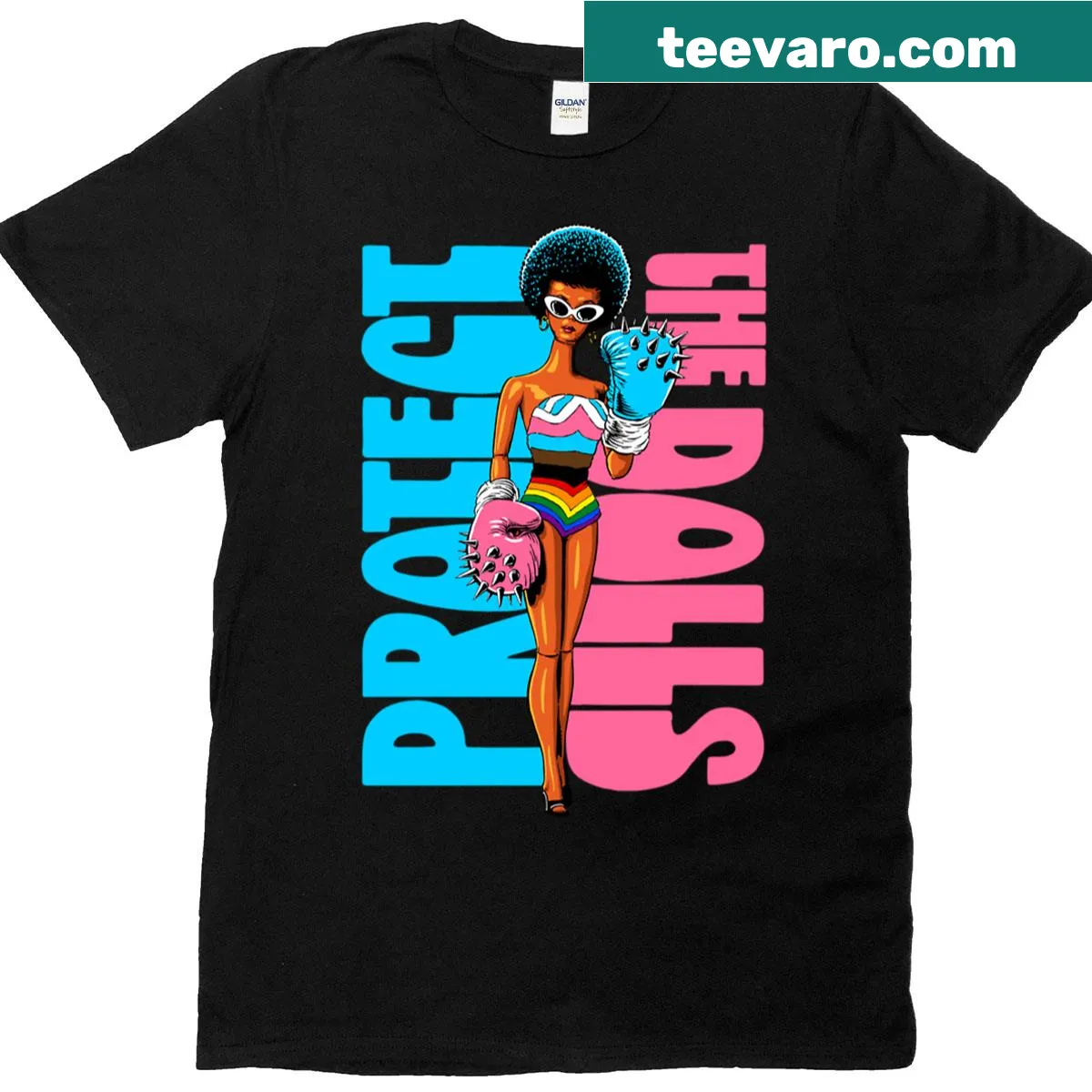 Playful graphic T-shirt featuring the phrase 'Protect The Dolls 2' and illustrations. — on a men's t-shirt
