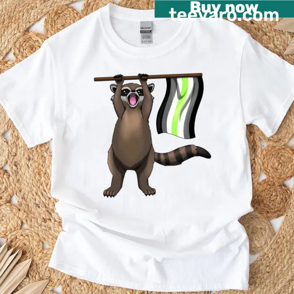 Cartoon raccoon representing agender pride on a playful T-shirt
