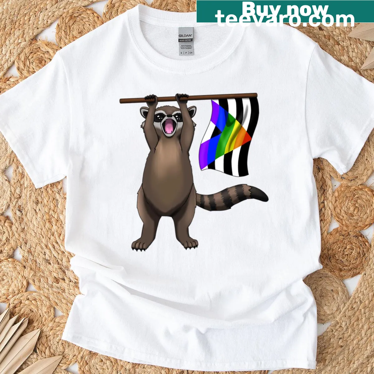 Playful raccoon with pride flag on Raccoon Pride Thief - Ally T-shirt — on a men's t-shirt