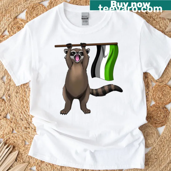 Cartoon raccoon representing aromantic pride on a T-shirt