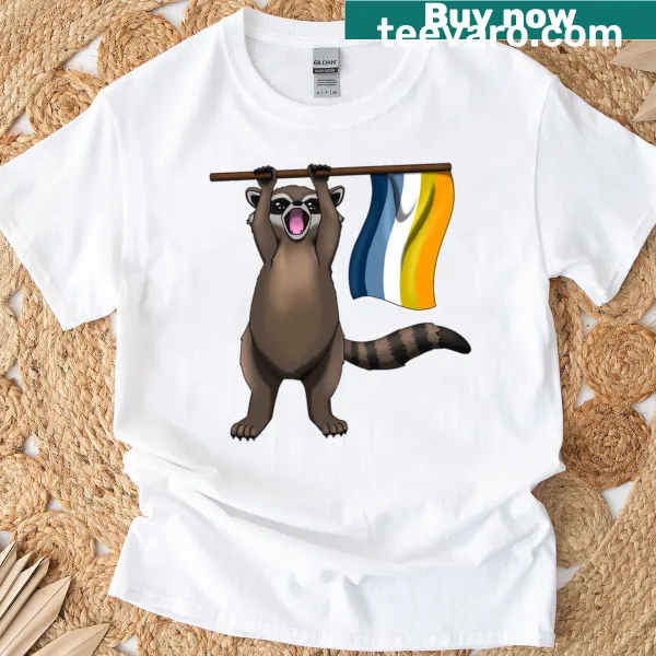 Playful raccoon thief illustration on an aroace pride T-shirt.