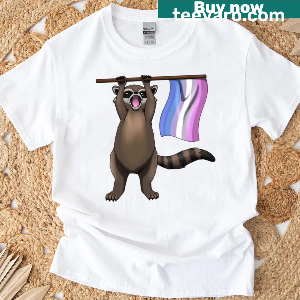 Illustration of a raccoon thief celebrating bigender pride on a T-shirt. — on a men's t-shirt