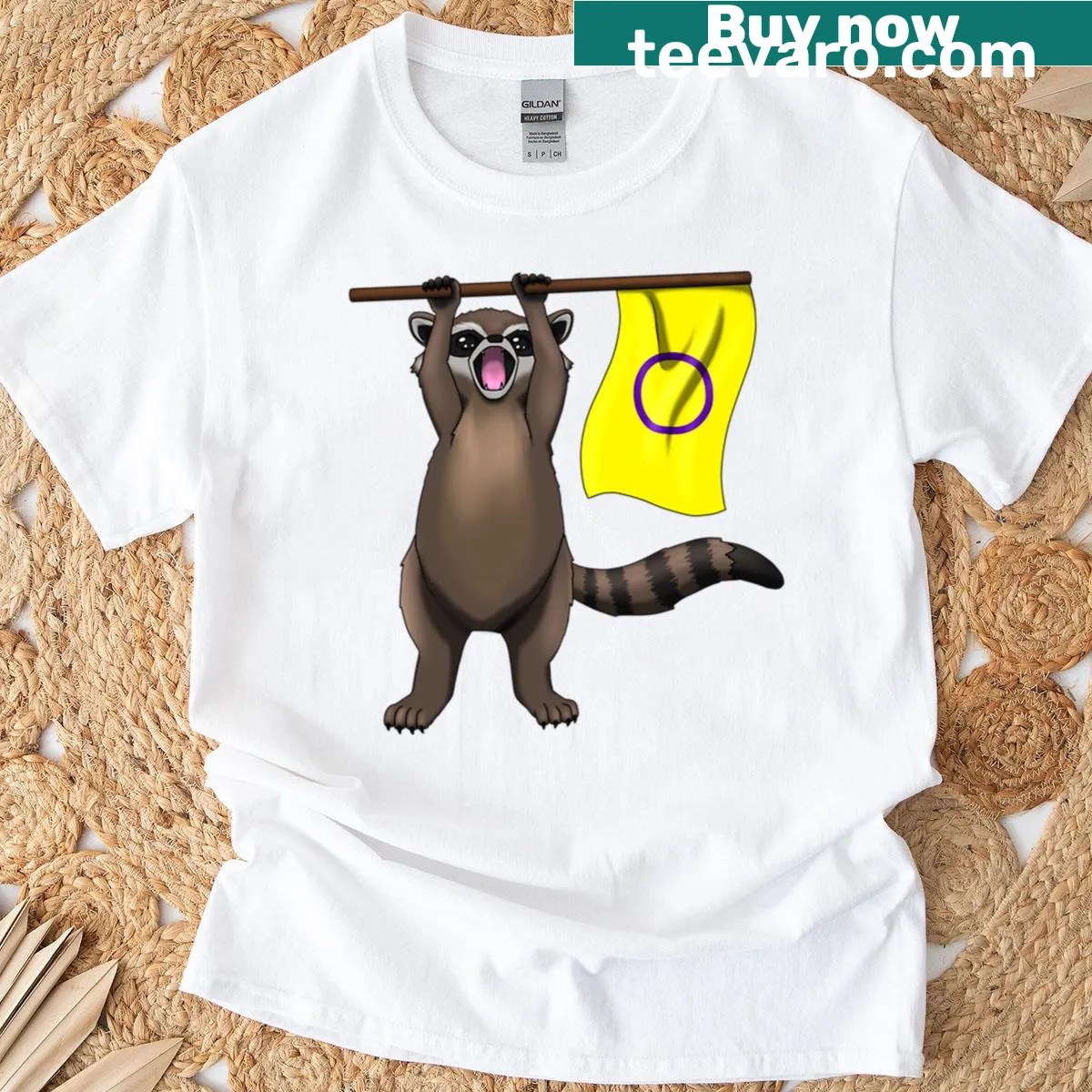 Raccoon with an intersex pride design on a t-shirt — on a men's t-shirt