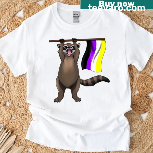 Raccoon with a non-binary pride flag and 'Pride Thief' text