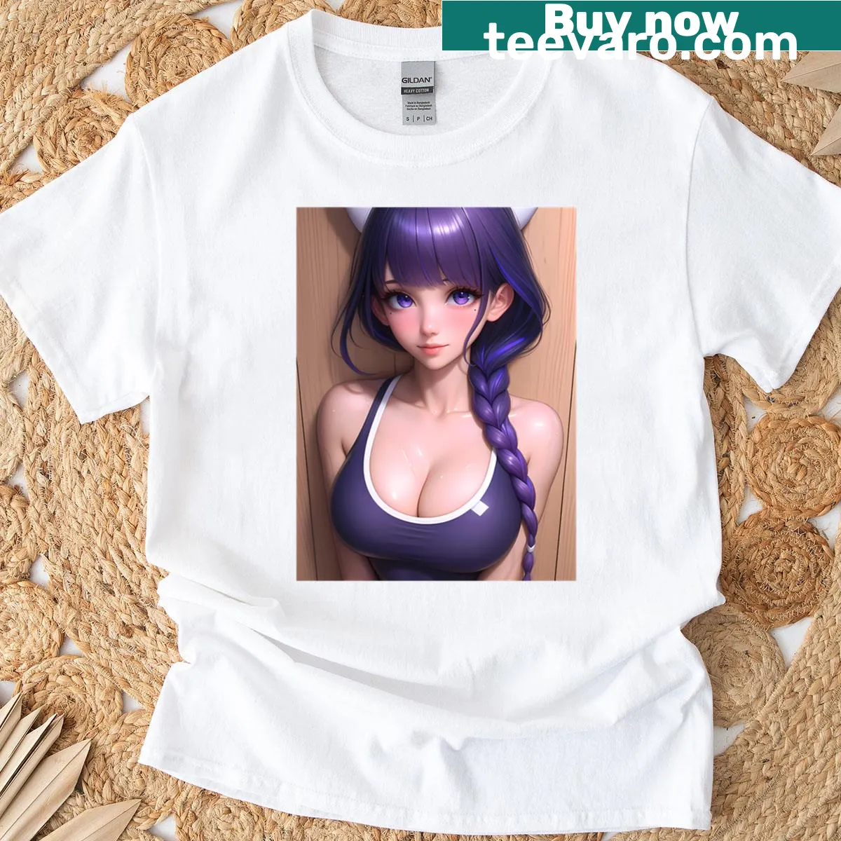 Raiden Shogun anime character design on an oversized t-shirt — on a men's t-shirt